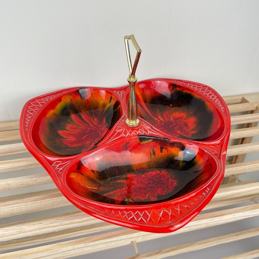 California Original Pottery Vintage MCM Red Orange Relish Tray Platter 3 Section